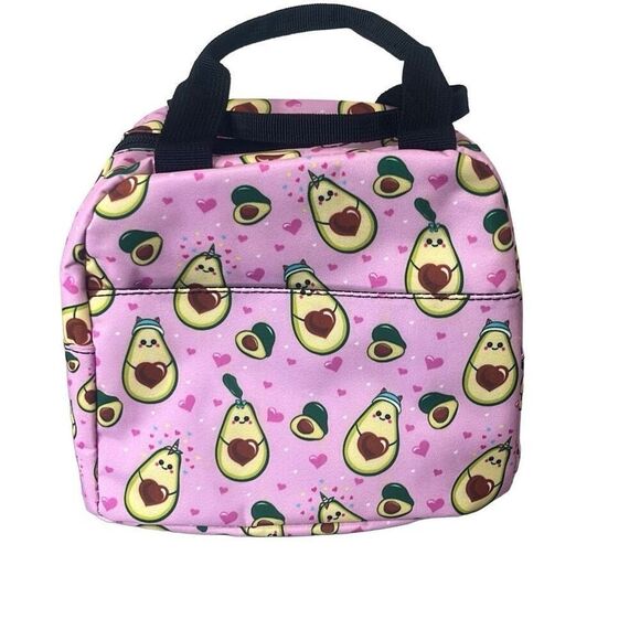 Avocado Graphic Printed Insulated Lunch Bag Pink Zippered Handles Guacamole New - Picture 1 of 5